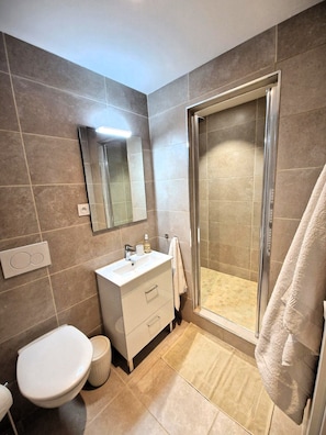 Hair dryer, towels, soap, toilet paper