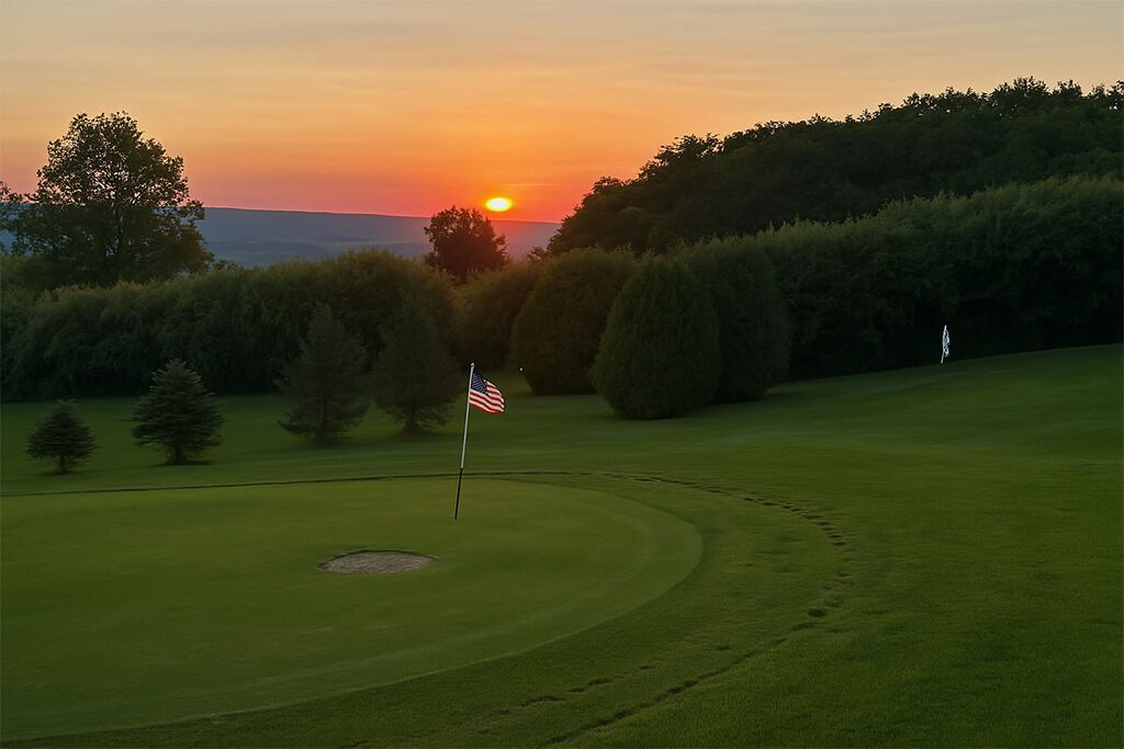 A golf course at sunset with a flag, trees, and a clear sky.
