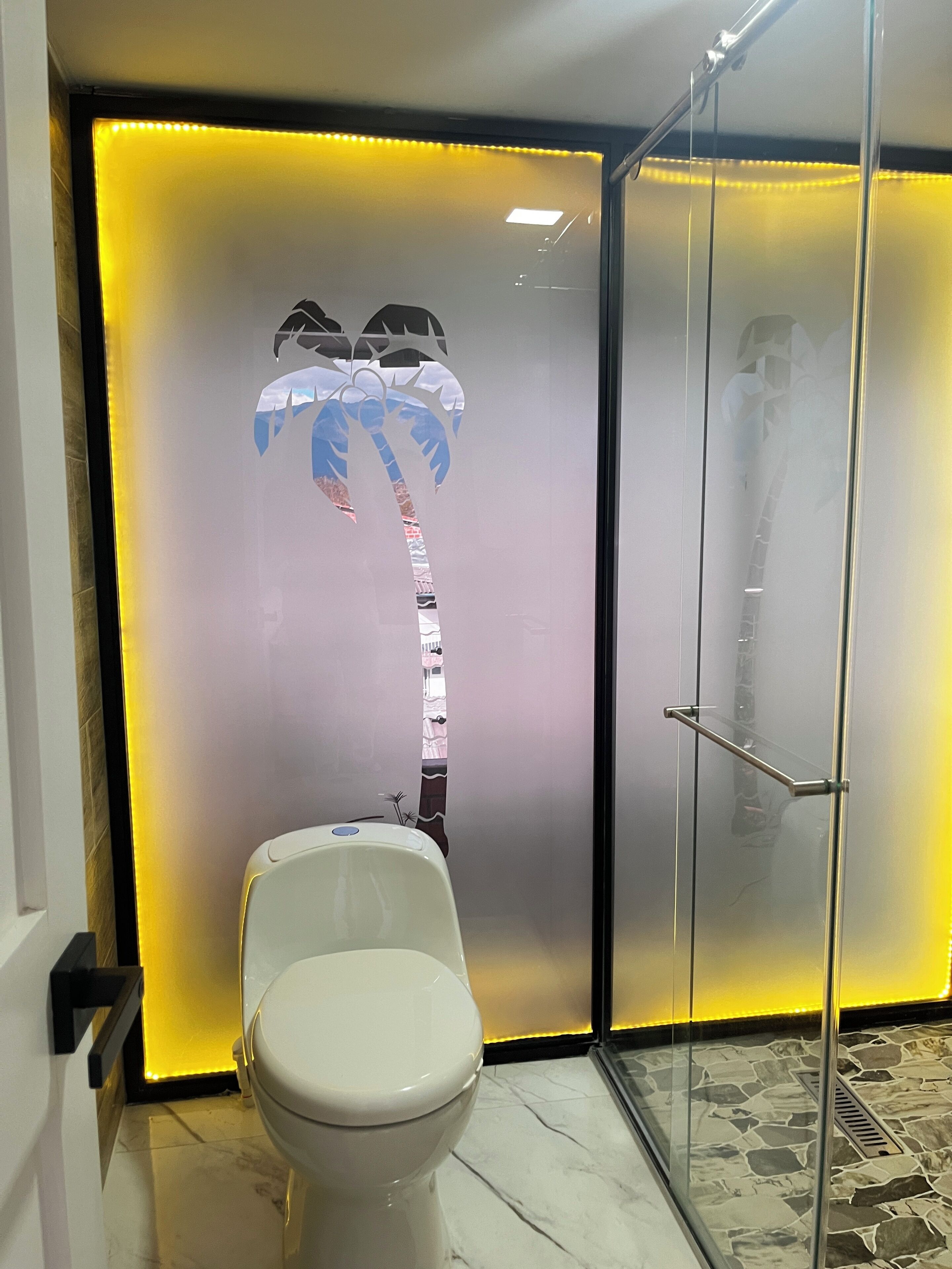 A bathroom with a toilet, a glass shower enclosure, and a frosted glass wall with a palm tree design.