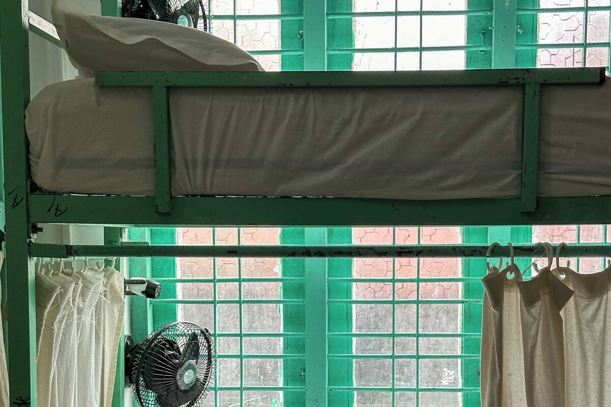 A bunk bed with a fan and curtains, a window with a green frame, and a white pillow.