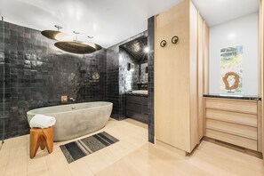 Regadera, secadora de cabello, bidet, toallas