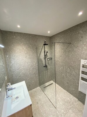 Shower, hair dryer, towels, toilet paper