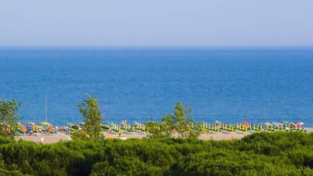 A beach with umbrellas and beach chairs, trees, and a clear view of the ocean. - Villaggio California Bungalow for 5 persons (Eraclea)