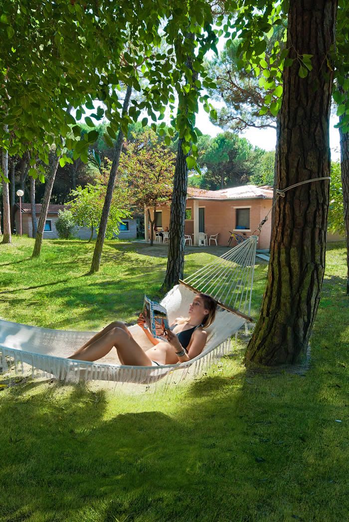 A hammock under a tree in a grassy area with a building in the background.