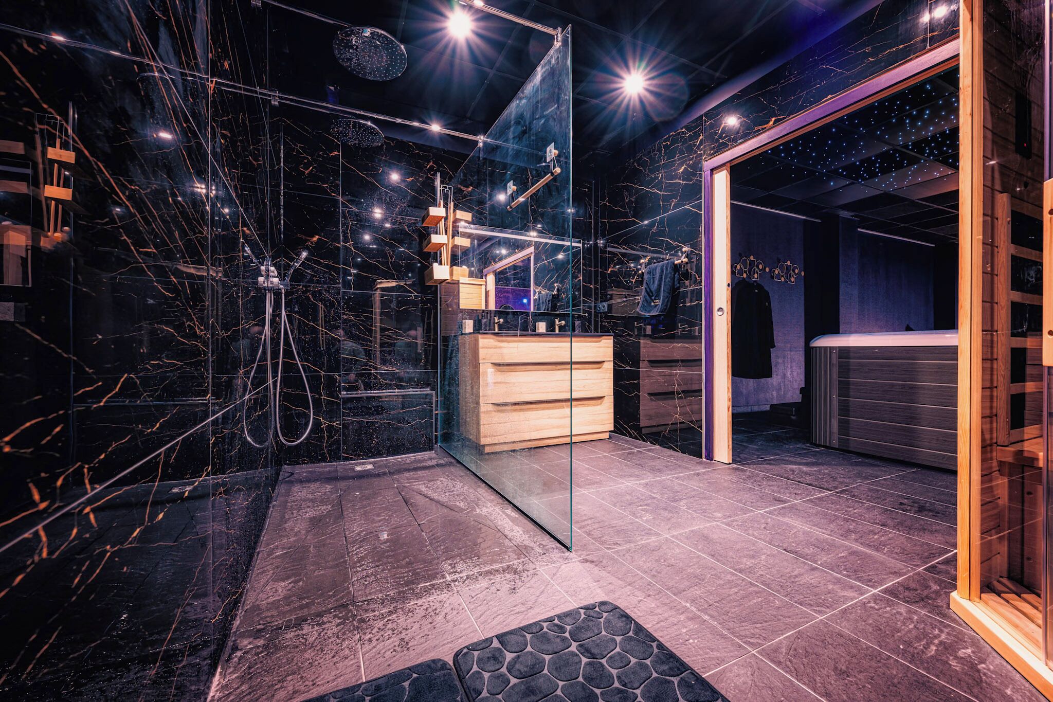 Hair dryer, towels, soap, toilet paper