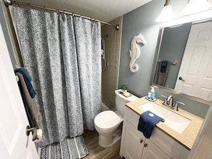 Shower, hair dryer, towels, soap