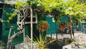 A garden with a pergola, a green house, and various plants.