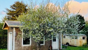 A small house with a porch, a tree in front, and a trailer in the background.