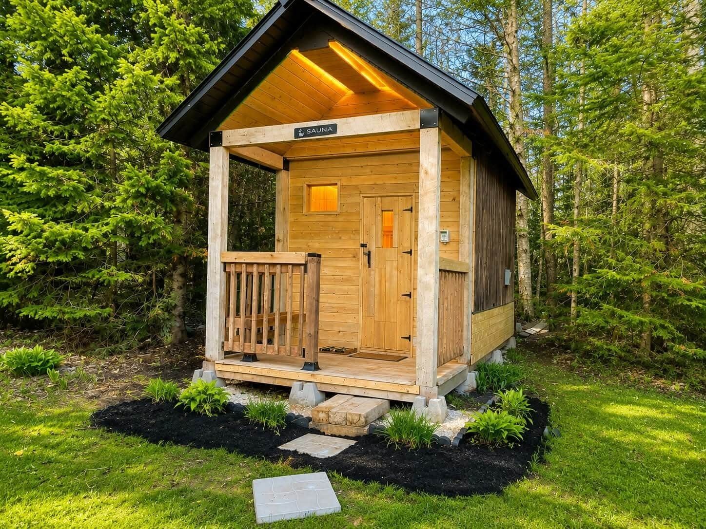 Una estructura de sauna de madera con un porche, rodeada de un bosque.