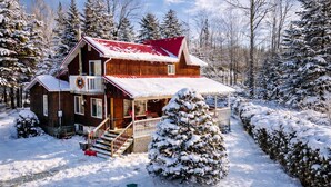 Uma cabana de madeira com telhado vermelho, cercada por árvores cobertas de neve e um céu claro.