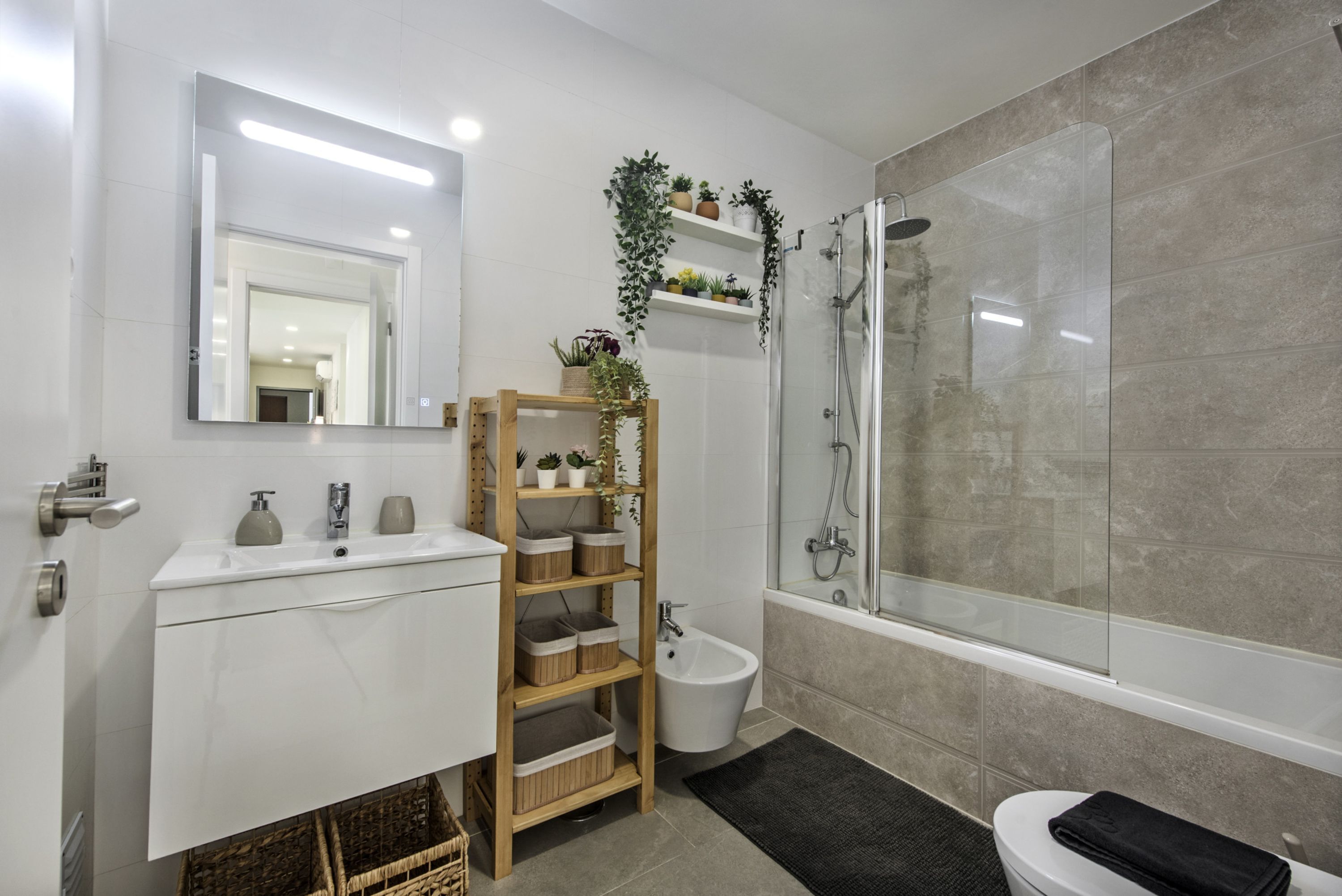 A modern bathroom with a glass-enclosed shower, a white sink with a mirror, and a wooden shelf with potted plants.