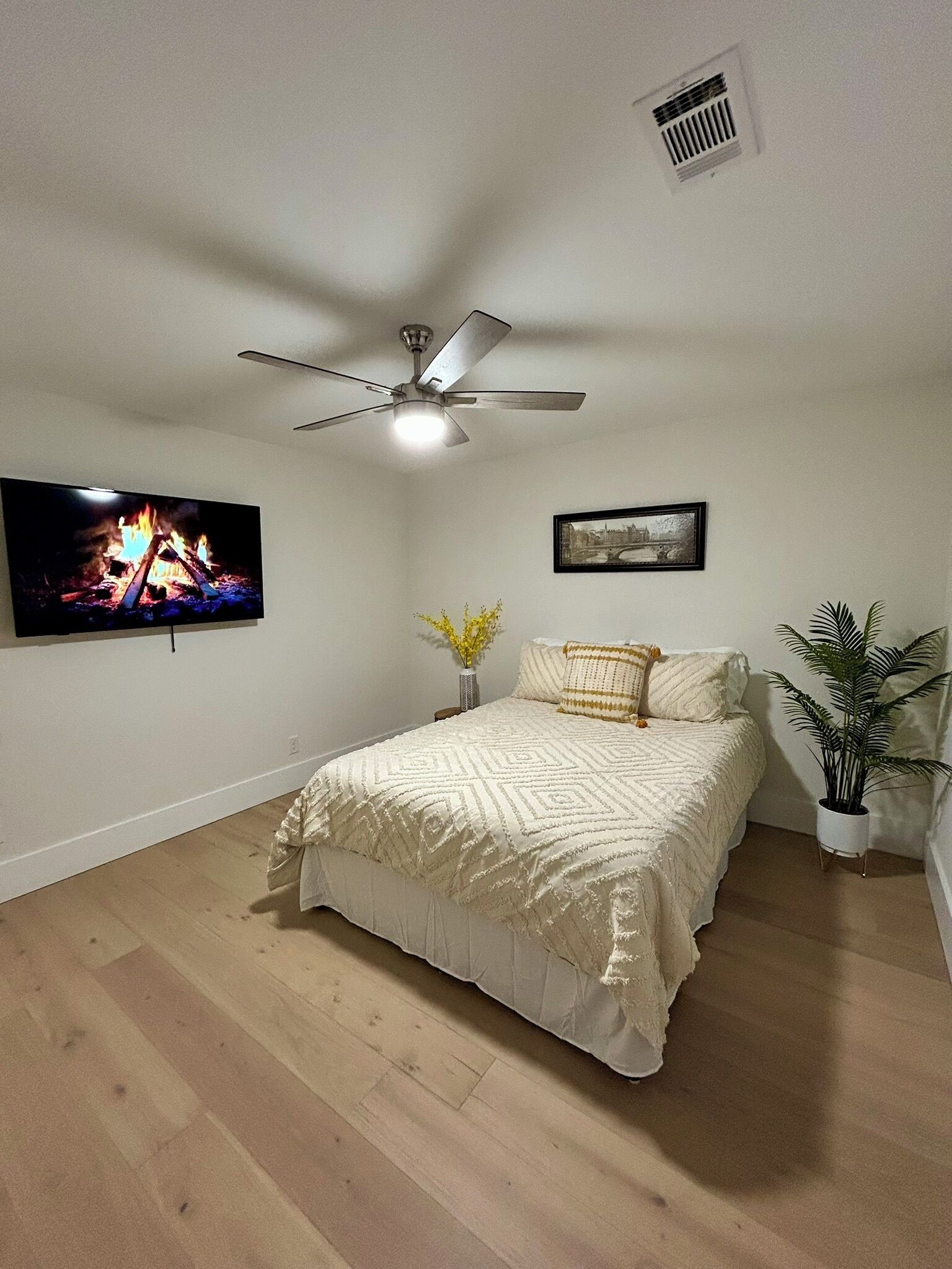 Une chambre à coucher avec un lit, un ventilateur de plafond, une télévision, un tableau encadré et une plante en pot.