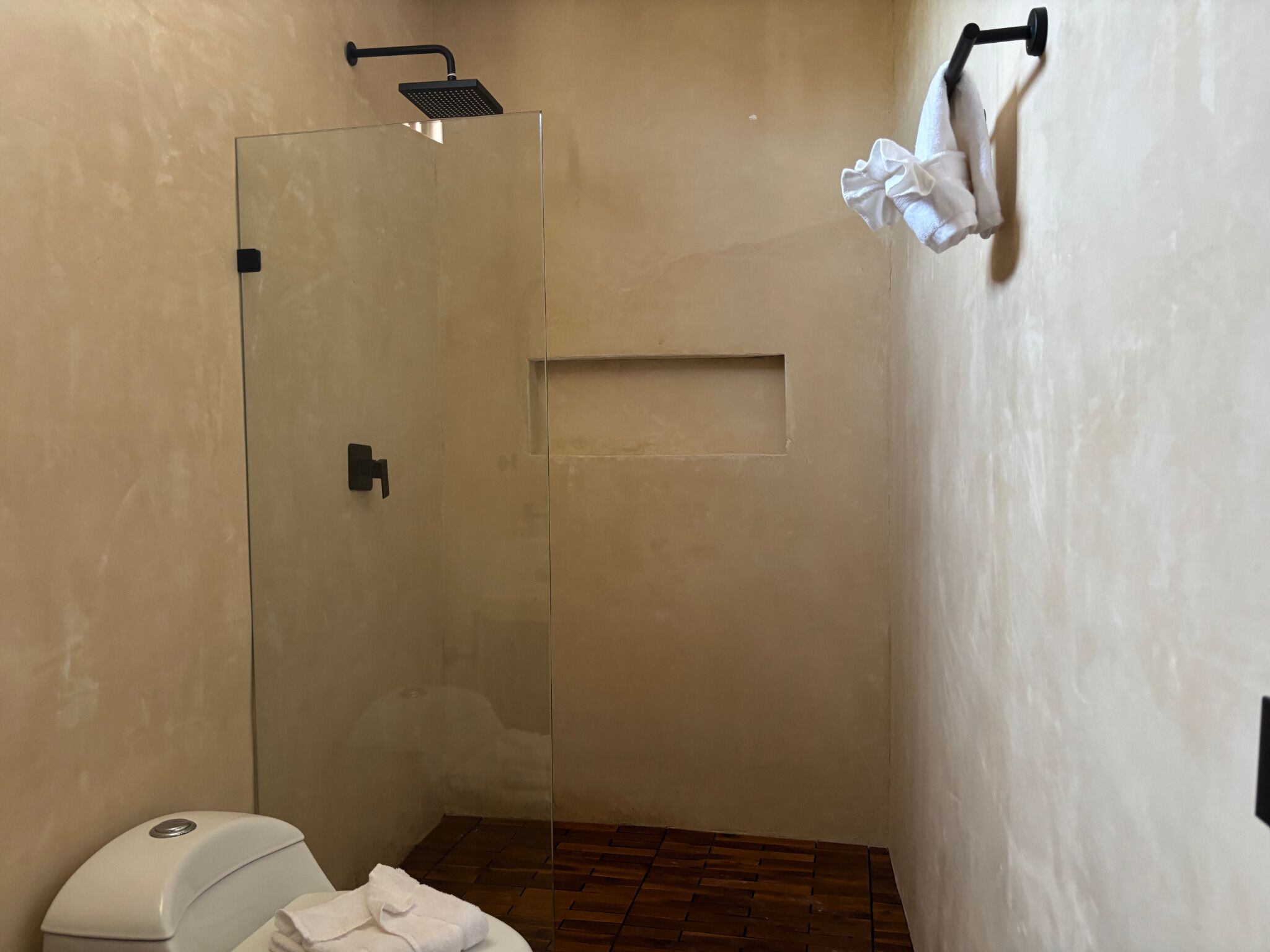 Een kleine, afgesloten douchehoek met een glazen deur, een toilet en een handdoek aan een haak.