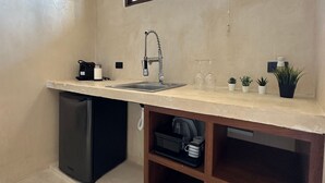 A compact kitchen with a sink, a dishwasher, and a wooden cabinet below the countertop. - Ananda Hotel Boutique (Isla Holbox)