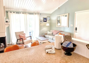 Smart TV, fireplace, books