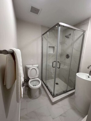 Regadera, toallas, shampoo 