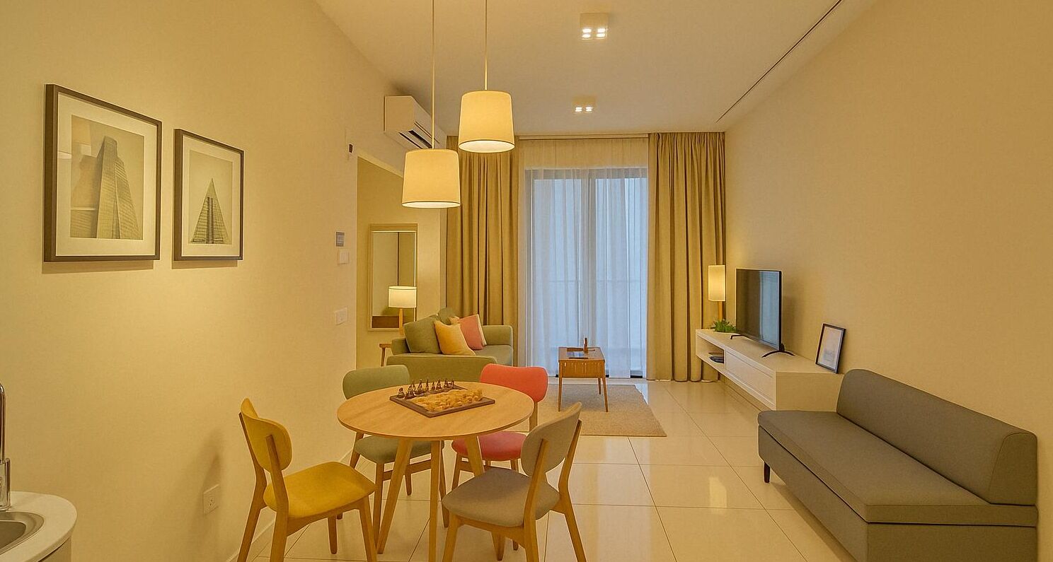 Ein modernes Wohnzimmer mit Sofa, Fernseher, Essbereich mit Tisch und Stühlen sowie zwei gerahmten Bildern an der Wand.