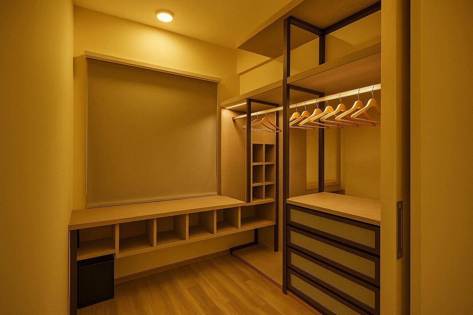 A walk-in closet with open shelving, a hanging rod, and a mirrored closet door.