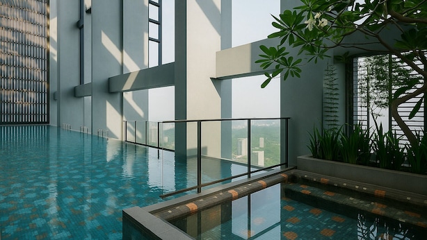 Une piscine intérieure dotée de rampes en verre transparent, d’un sol carrelé et offrant une vue sur le paysage urbain grâce à de grandes fenêtres.