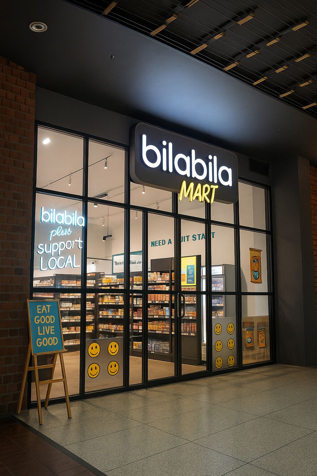A store entrance with a sign reading 'bilabila plus support LOCAL'.