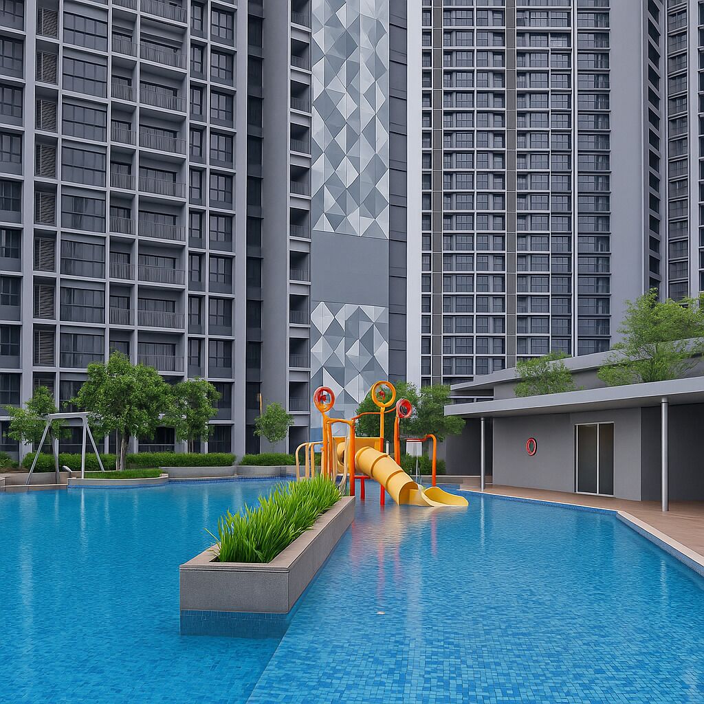 A modern residential building with a swimming pool featuring a slide and a small garden area.