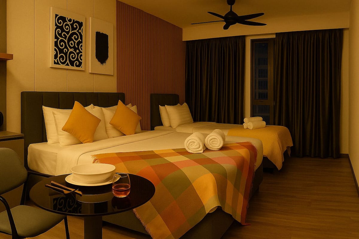 Hotelkamer met een bed, twee nachtkastjes, een stoel, een ronde tafel met glazen blad en een plafondventilator.