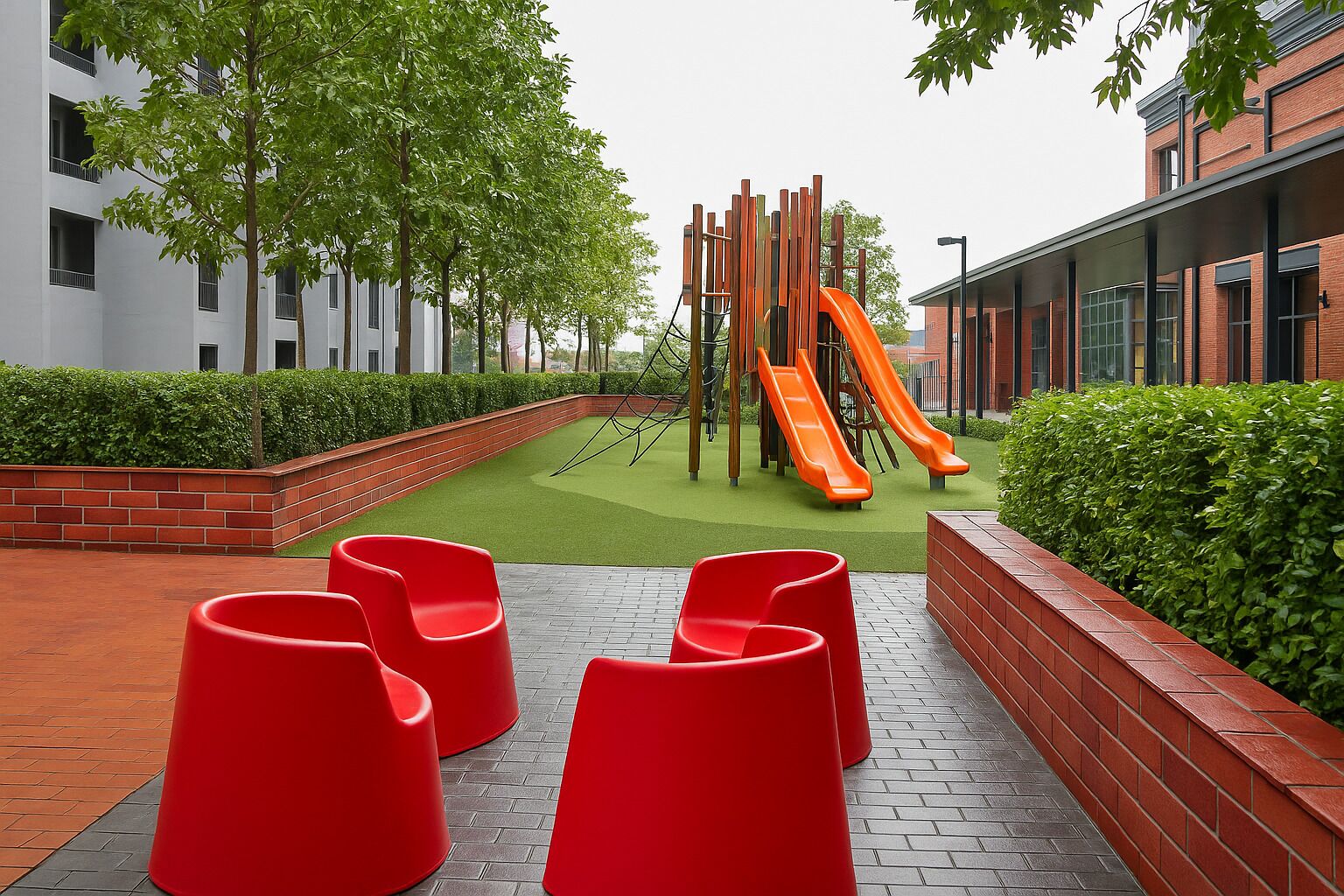 Un parque infantil con toboganes y sillas rojas, rodeado de setos y un muro de ladrillo.