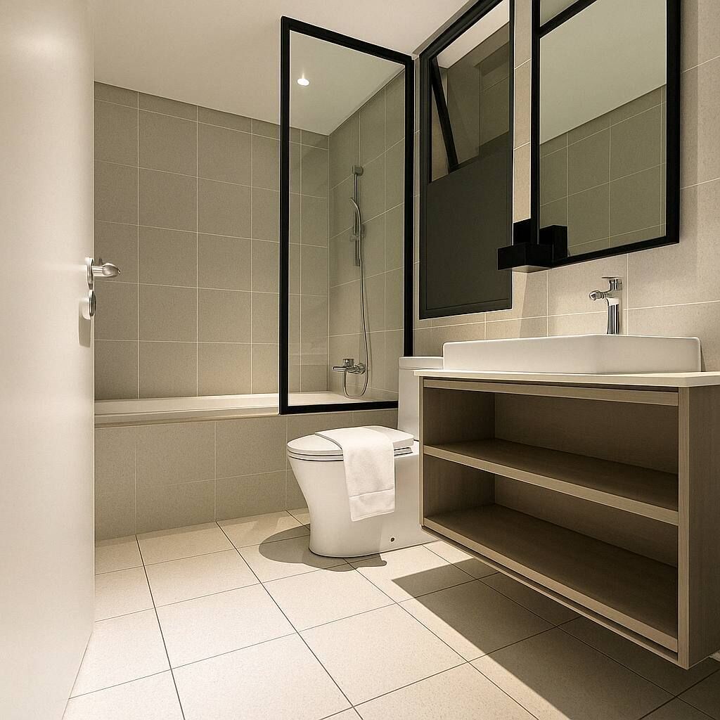 A modern bathroom with a shower, toilet, and sink.