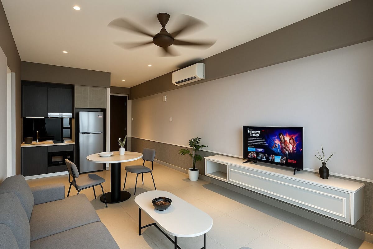 Een moderne woonkamer met een bank, een eettafel en stoelen. Er is een tv op een standaard, een plafondventilator en een airconditioner.
