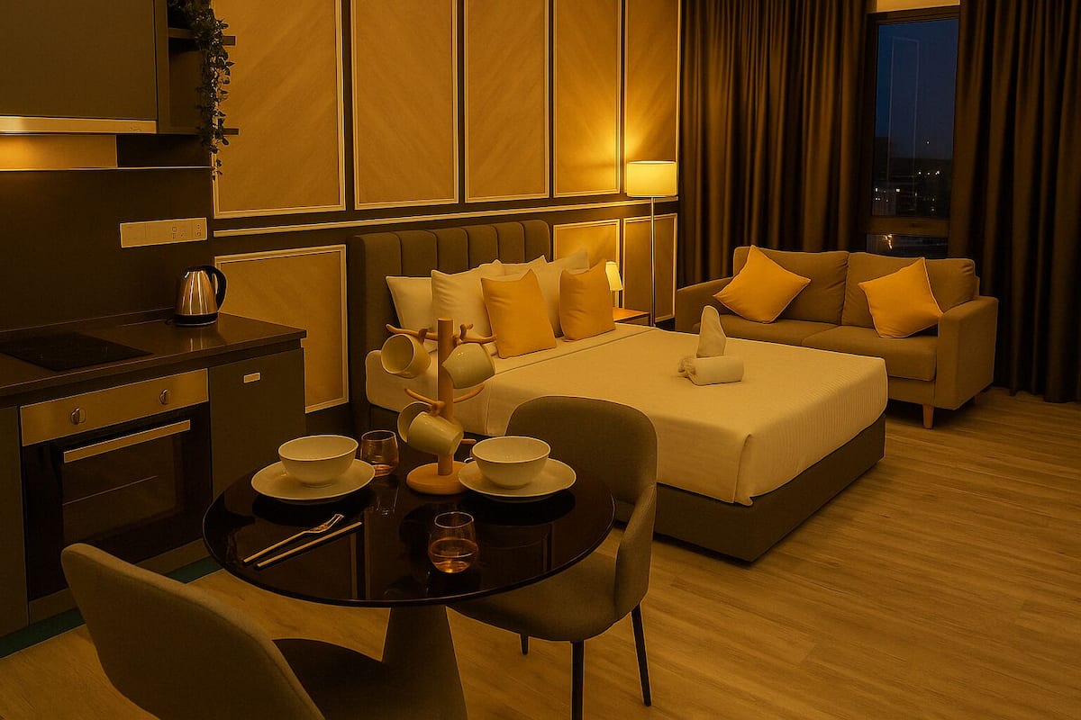 Een hotelkamer met een bed, een zithoek met een bank en fauteuils, een eettafel met stoelen, en een kitchenette met een koffiezetapparaat.