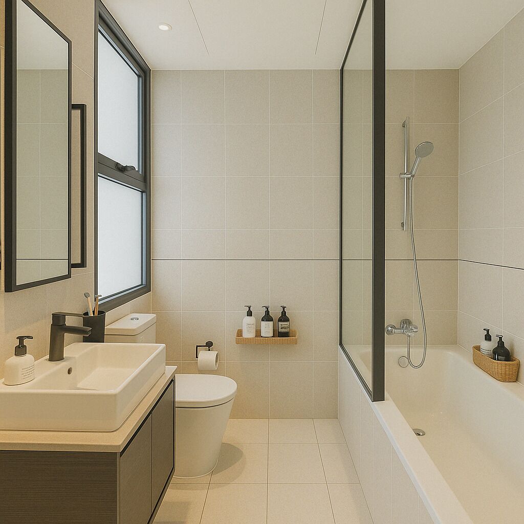 Une salle de bain moderne avec un grand miroir, deux lavabos, des toilettes et une douche séparée par une paroi en verre.