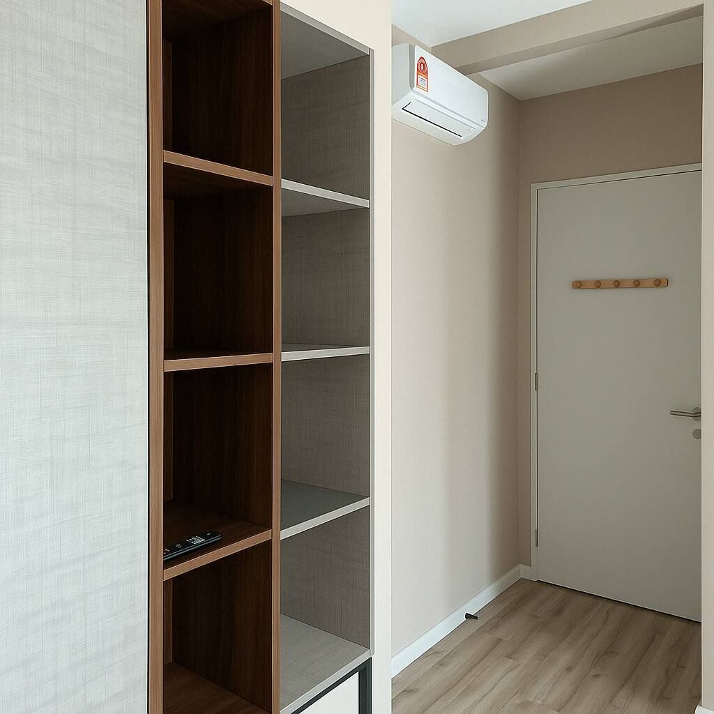 A room with a built-in wooden shelving unit, a white door, and a wall-mounted air conditioning unit.