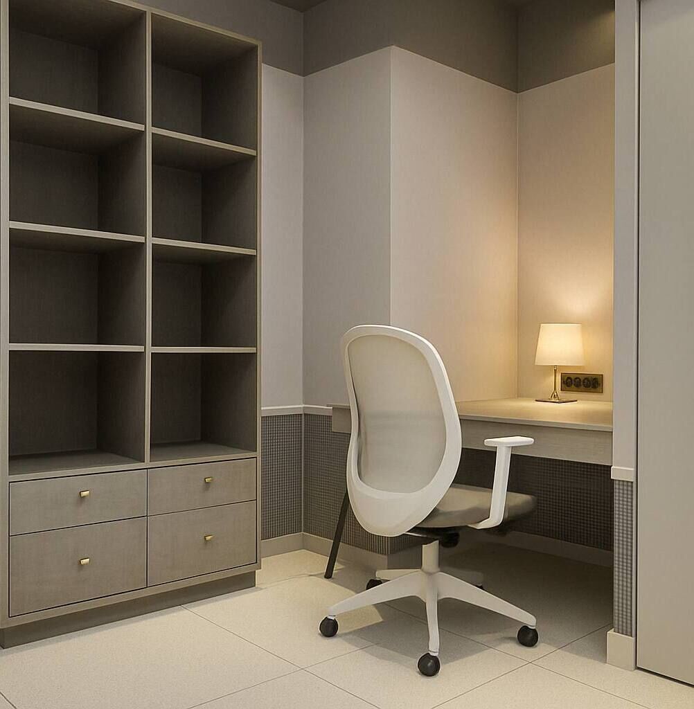 A modern office space with a white office chair, a desk with a lamp, and a large shelving unit.