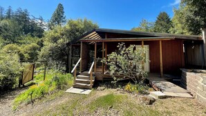 A rustic cabin with a wooden porch and a stone staircase leading to a door.