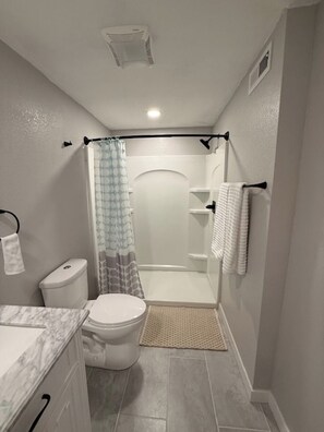 Shower, hair dryer, towels, soap