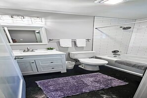 Hair dryer, towels, soap, toilet paper