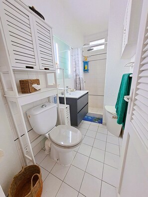 Shower, hair dryer, towels