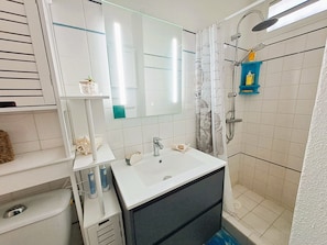 Shower, hair dryer, towels