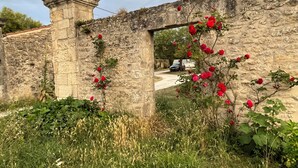 A stone wall with a small archway, overgrown with red roses and greenery. - Charming apartment in a 17th century farmhouse, sleeps 4 (LE CHATEAU DOLERON)