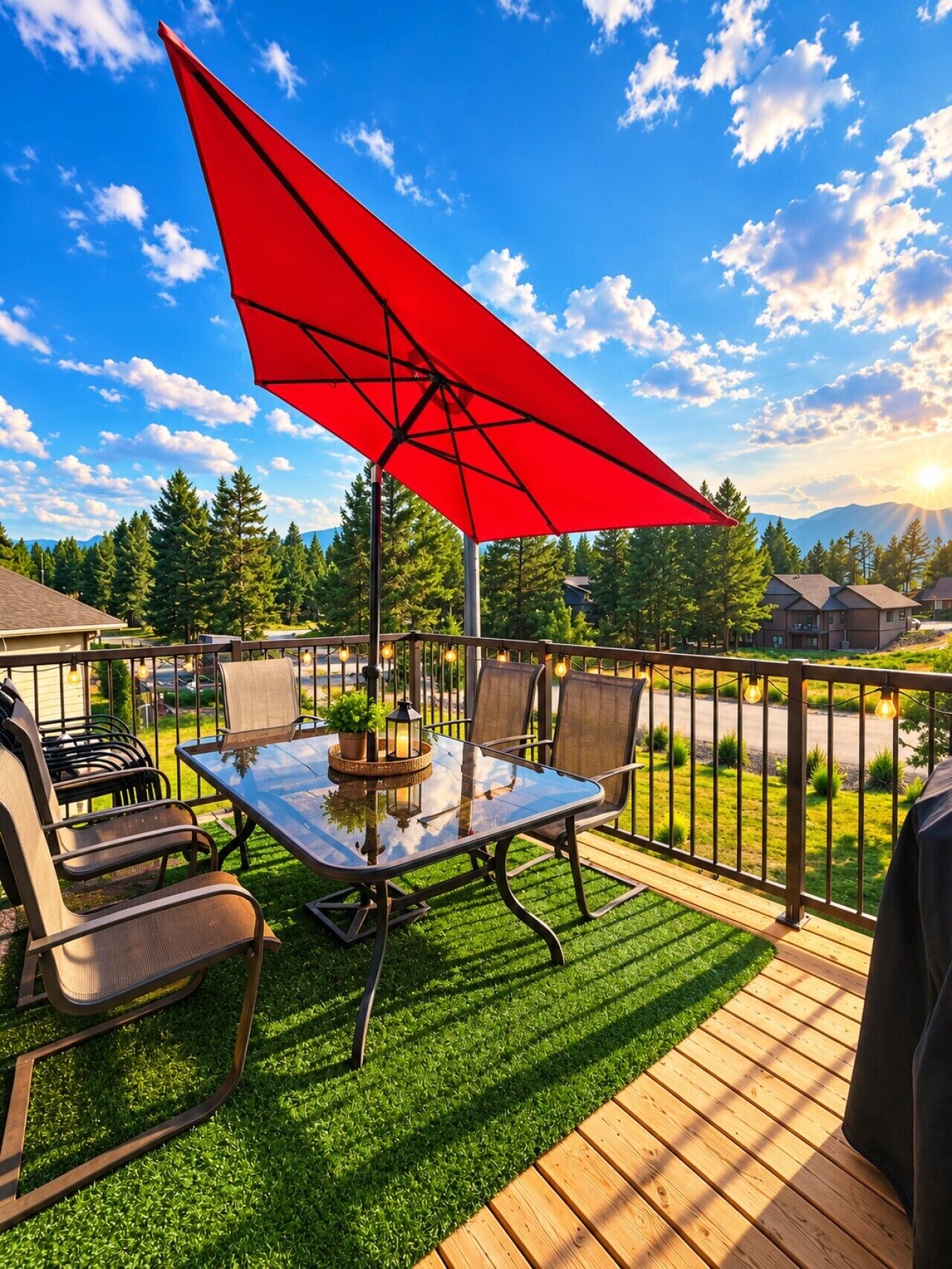 A deck with a glass table and chairs, a red umbrella, and a view of a forested area.