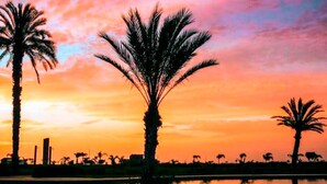 A sunset scene with palm trees silhouetted against a colorful sky, reflecting on a calm water surface. - HOP Munay Relajante en Campo y Playa en Chincha (El Carmen)