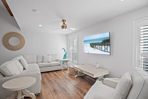 Smart TV, fireplace, video games, DVD player