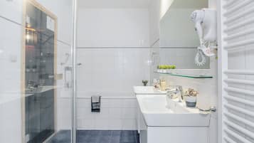 Hair dryer, towels, toilet paper