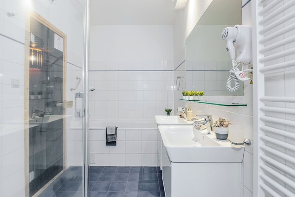 Hair dryer, towels, toilet paper