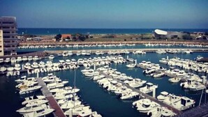 Un puerto deportivo lleno de barcos, un cielo despejado y una playa lejana.