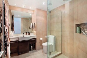 Shower, hair dryer, shampoo
