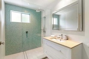Shower, hair dryer, shampoo