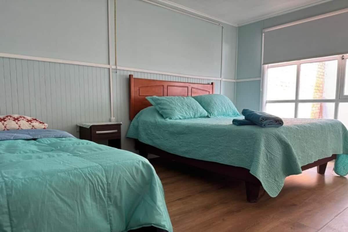 Une chambre avec deux lits, des têtes de lit en bois et une grande fenêtre.