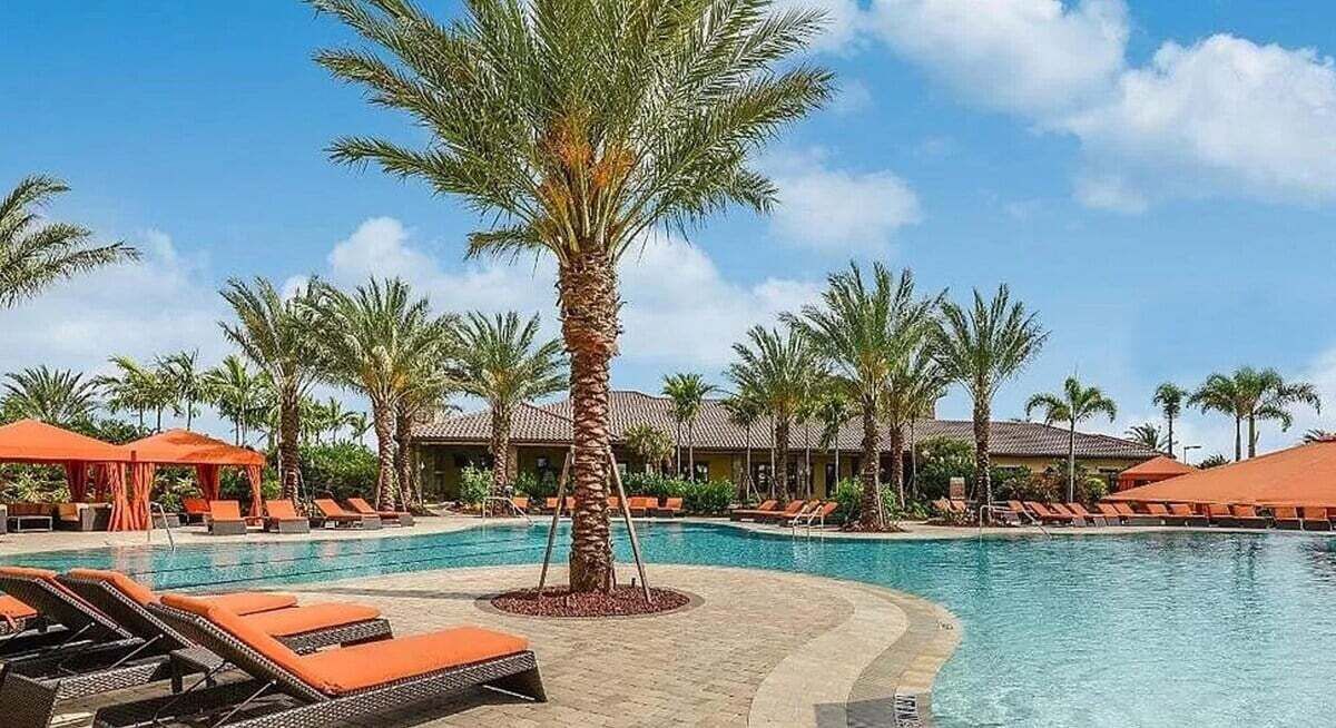 A resort pool area with lounge chairs and palm trees.
