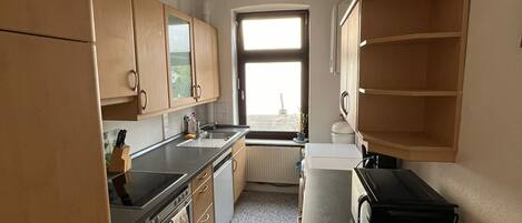 Frigorífico, microondas, horno y placa de cocina